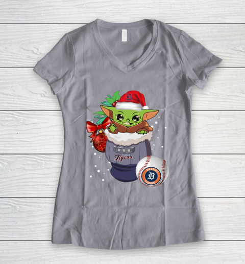 Detroit Tigers Christmas Baby Yoda Star Wars Funny Happy MLB Women's V-Neck T-Shirt 4