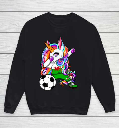Dabbing Unicorn Wales Soccer Fan Jersey Welsh Football Lover Youth Sweatshirt