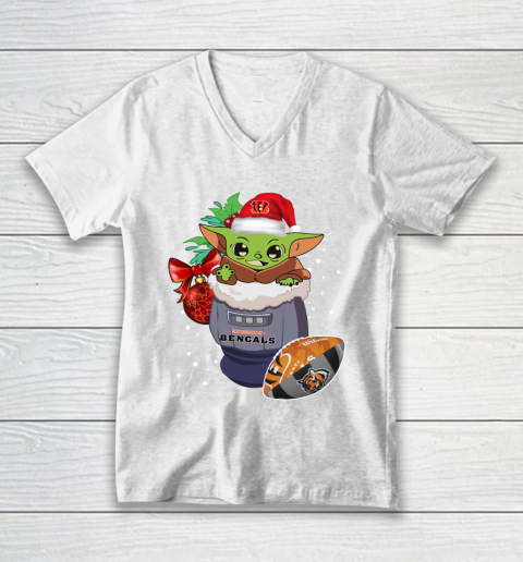 Cincinnati Bengals Christmas Baby Yoda Star Wars Funny Happy NFL V-Neck T-Shirt 2