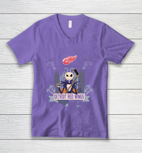 NHL Detroit Red Wings Hockey Jack Skellington Halloween V-Neck T-Shirt 8