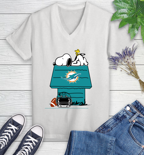 Miami Dolphins NFL Football Snoopy Woodstock The Peanuts Movie Women's V-Neck T-Shirt
