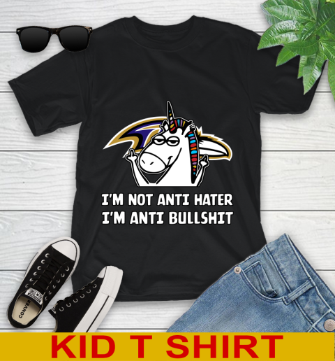 Baltimore Ravens NFL Football Unicorn I'm Not Anti Hater I'm Anti Bullshit Youth T-Shirt 2