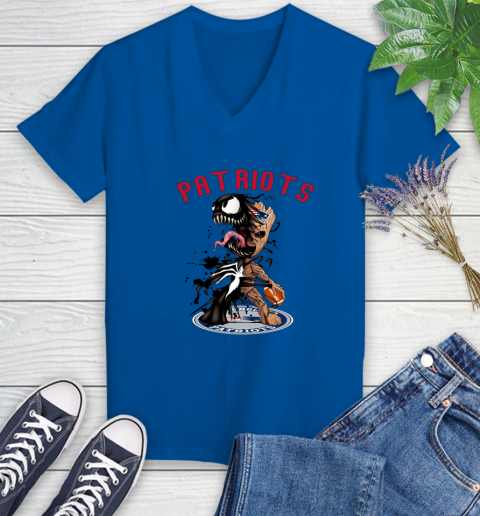 NFL New England Patriots Football Venom Groot Guardians Of The Galaxy Women's V-Neck T-Shirt 10