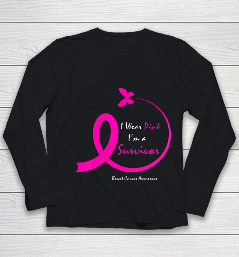 Womens Butterfly I Wear Pink I m A Survivor Breast Cancer Awareness Youth Long Sleeve