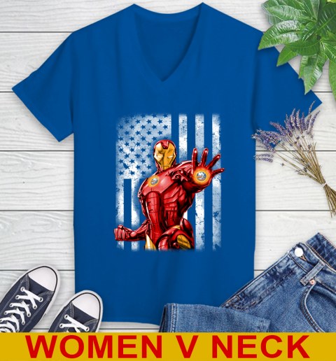 New York Islanders NHL Hockey Iron Man Avengers American Flag Shirt Women's V-Neck T-Shirt 9