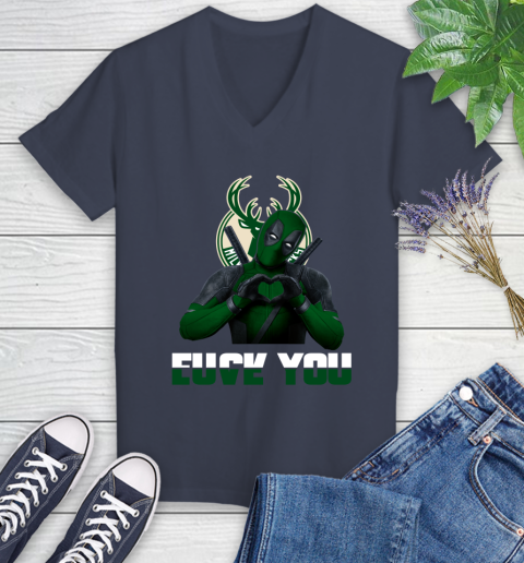 NBA Milwaukee Bucks Deadpool Love You Fuck You Basketball Sports Women's V-Neck T-Shirt 12