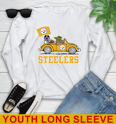 NFL Football Pittsburgh Steelers Darth Vader Baby Yoda Driving Star Wars Shirt Youth Long Sleeve