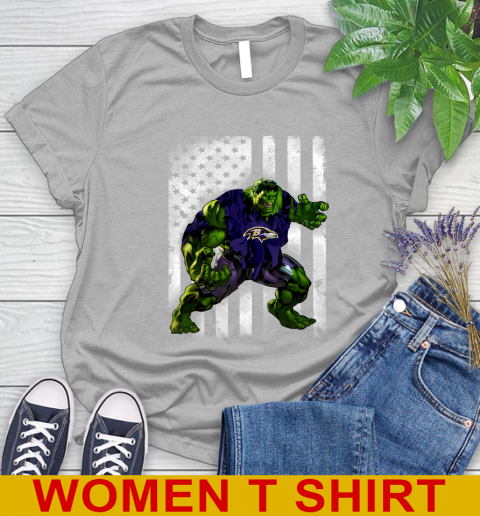 Baltimore Ravens Hulk Marvel Avengers NFL Football American Flag Women's T-Shirt 5