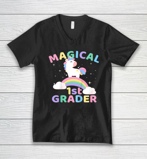Back To School 1st First Grade Magical Unicorn Rainbow V-Neck T-Shirt