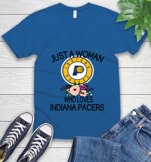NBA Just A Woman Who Loves Indiana Pacers Basketball Sports V-Neck T-Shirt 3