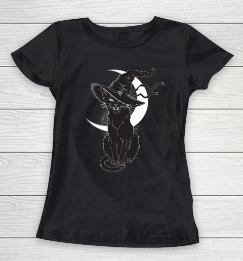 Vintage Scary Halloween Black Cat Costume Witch Hat Women's T-Shirt
