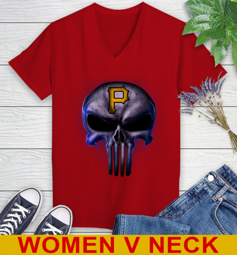 Pittsburgh Pirates MLB Baseball Punisher Skull Sports Women's V-Neck T-Shirt 10