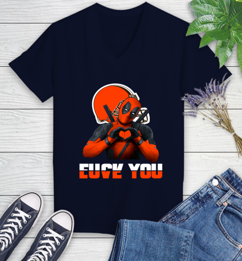 NHL Cleveland Browns Deadpool Love You Fuck You Football Sports Women's V-Neck T-Shirt 2