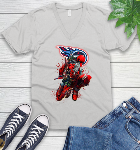 NFL Deadpool Marvel Comics Sports Football Tennessee Titans V-Neck T-Shirt