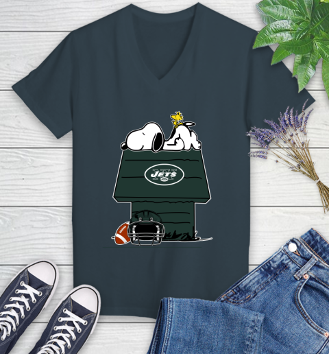 New York Jets NFL Football Snoopy Woodstock The Peanuts Movie Women's V-Neck T-Shirt 8
