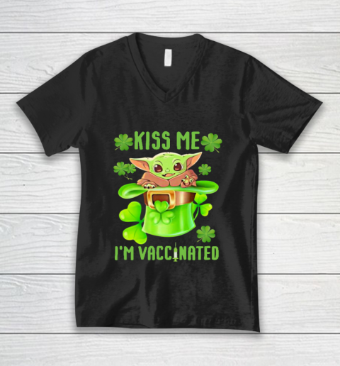 Kiss Me I'm Vaccinated Leprechaun Baby Yoda Patrick's Day V-Neck T-Shirt