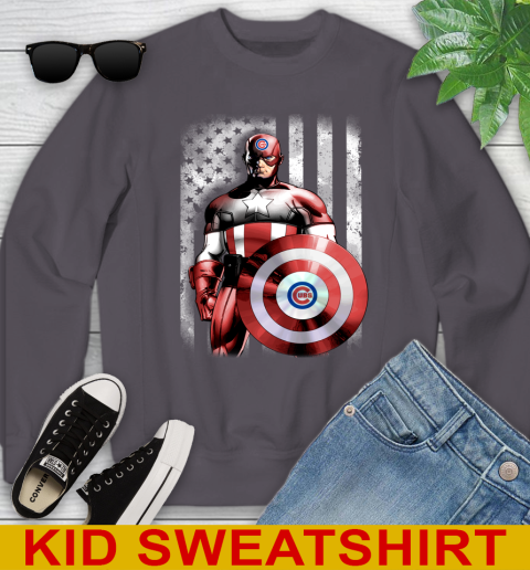 Chicago Cubs MLB Baseball Captain America Marvel Avengers American Flag Shirt Youth Sweatshirt - Image 6