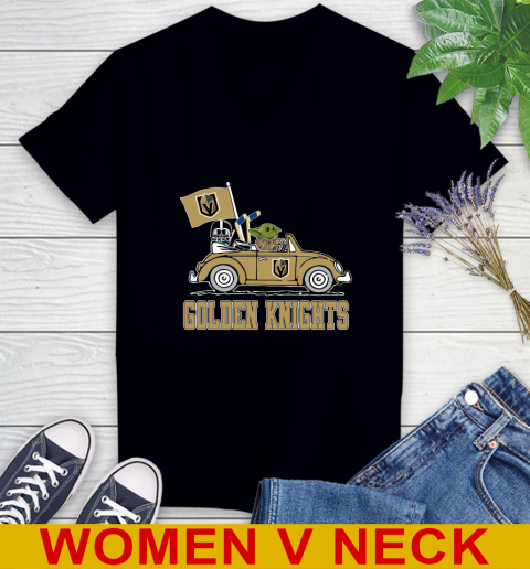NHL Hockey Vegas Golden Knights Darth Vader Baby Yoda Driving Star Wars Shirt Women's V-Neck T-Shirt 2