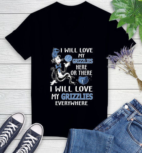 NBA Basketball Memphis Grizzlies I Will Love My Grizzlies Everywhere Dr Seuss Shirt Women's V-Neck T-Shirt