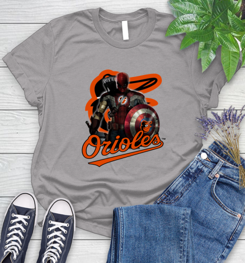 MLB Captain America Thor Spider Man Hawkeye Avengers Endgame Baseball Baltimore Orioles Women's T-Shirt 5