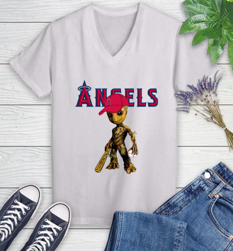 MLB Los Angeles Angels Groot Guardians Of The Galaxy Baseball Women's V-Neck T-Shirt