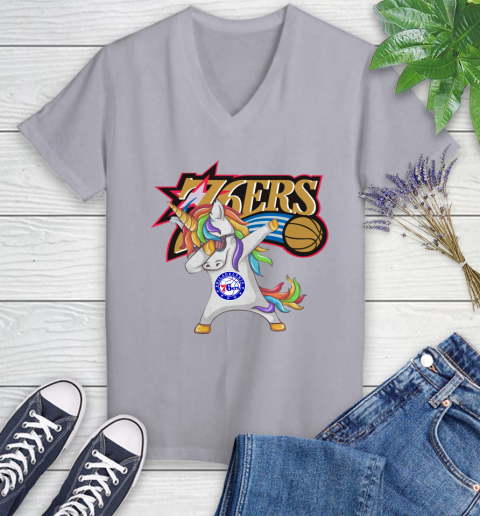 Philadelphia 76ers NBA Basketball Funny Unicorn Dabbing Sports Women's V-Neck T-Shirt 4