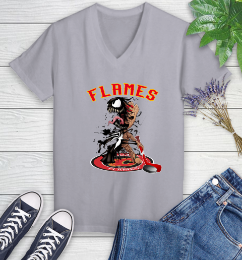 NHL Calgary Flames Hockey Venom Groot Guardians Of The Galaxy Women's V-Neck T-Shirt 4