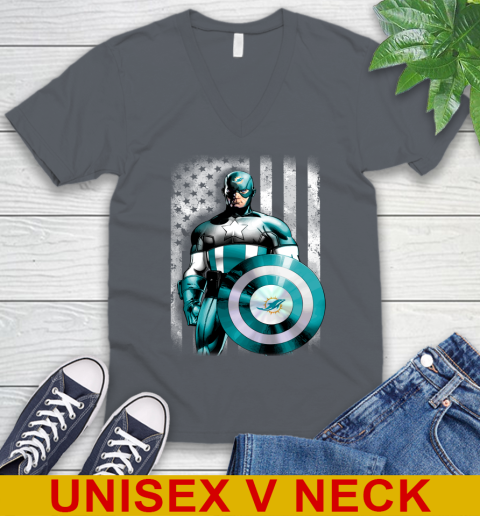 Miami Dolphins NFL Football Captain America Marvel Avengers American Flag Shirt V-Neck T-Shirt 4