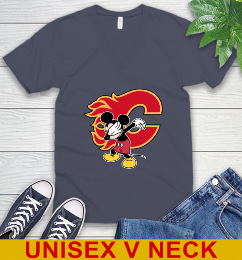 Calgary Flames NHL Hockey Dabbing Mickey Disney Sports V-Neck T-Shirt 8
