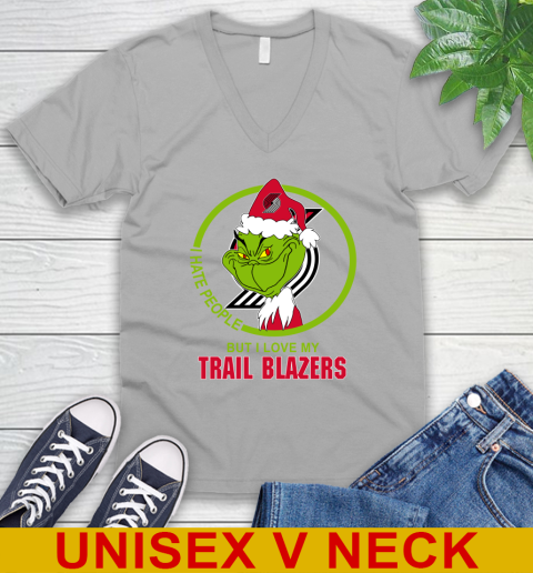 Portland Trail Blazers NBA Christmas Grinch I Hate People But I Love My Favorite Basketball Team V-Neck T-Shirt 4