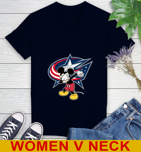 Columbus Blue Jackets NHL Hockey Dabbing Mickey Disney Sports Women's V-Neck T-Shirt 3
