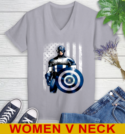 Houston Astros MLB Baseball Captain America Marvel Avengers American Flag Shirt Women's V-Neck T-Shirt 4