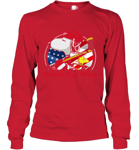 7oox detroit red wings ice hockey snoopy and woodstock nhl youth long sleeve 50 front red