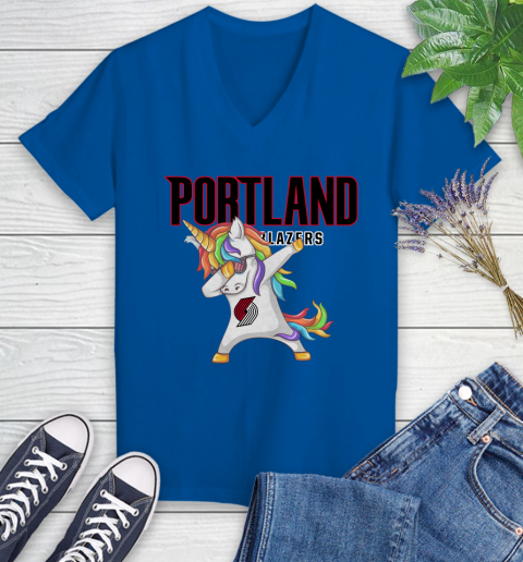 Portland Trail Blazers NBA Basketball Funny Unicorn Dabbing Sports Women's V-Neck T-Shirt 10