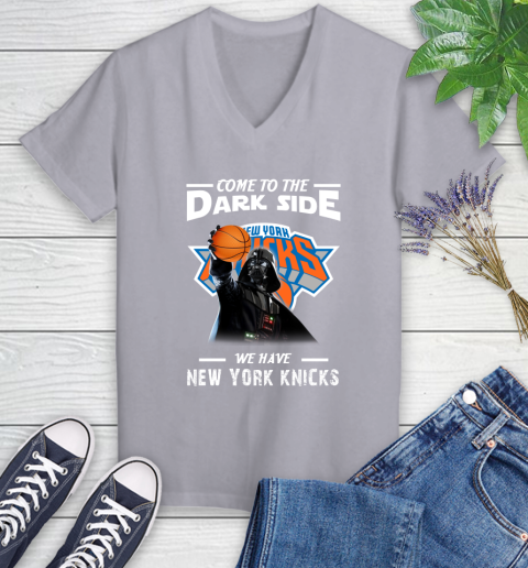 NBA Come To The Dark Side We Have New York Knicks Star Wars Darth Vader Basketball Women's V-Neck T-Shirt 4