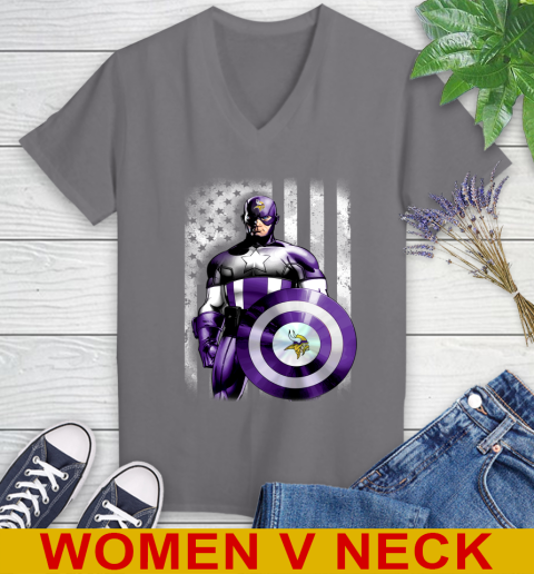 Minnesota Vikings NFL Football Captain America Marvel Avengers American Flag Shirt Women's V-Neck T-Shirt 11