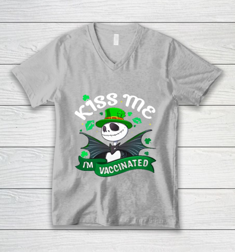 Kiss Me I'm Vaccinated Patrick's Day Jack Skellington V-Neck T-Shirt 3