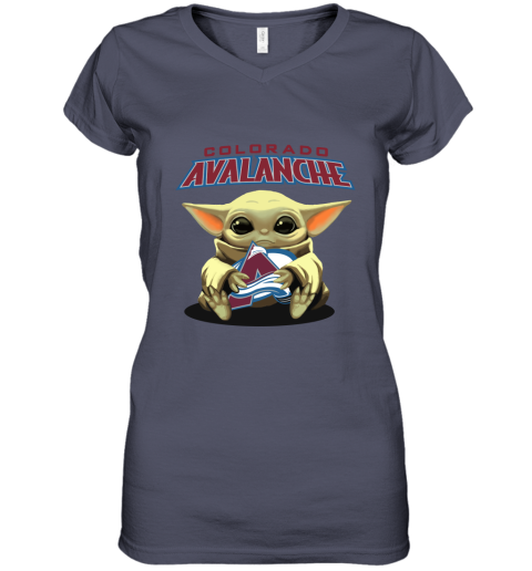 Baby Yoda Hugs The Colorado Avalanche Ice Hockey Women's V-Neck T-Shirt