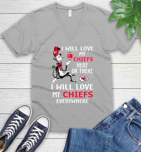 NFL Football Kansas City Chiefs I Will Love My Chiefs Everywhere Dr Seuss Shirt V-Neck T-Shirt 3