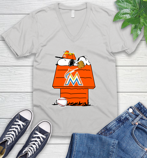 MLB Miami Marlins Snoopy Woodstock The Peanuts Movie Baseball T Shirt V-Neck T-Shirt