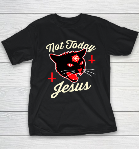 Not Today Jesus Hail Satan Satanic Cat Death Metal Halloween Youth T-Shirt