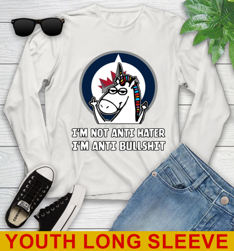 Winnipeg Jets NHL Hockey Unicorn I'm Not Anti Hater I'm Anti Bullshit Youth Long Sleeve 12