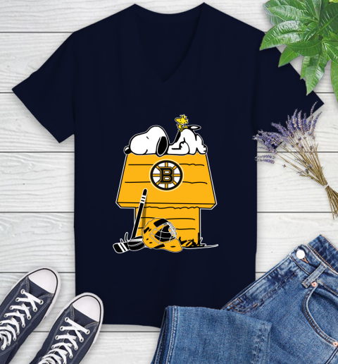 Boston Bruins NHL Hockey Snoopy Woodstock The Peanuts Movie Women's V-Neck T-Shirt 3