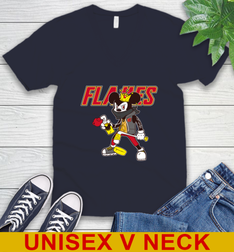 Calgary Flames NHL Hockey Mickey Peace Sign Sports V-Neck T-Shirt 3