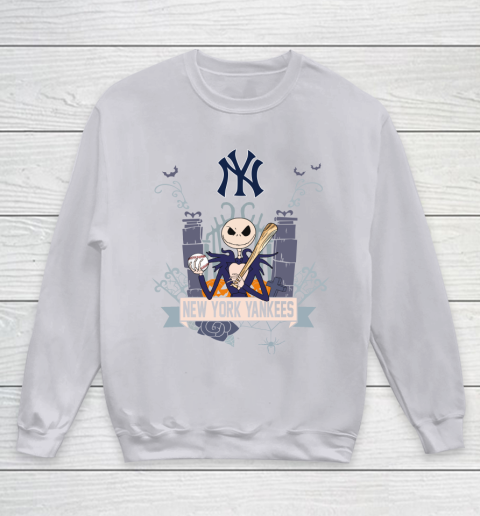 MLB New York Yankees Baseball Jack Skellington Halloween Youth Sweatshirt 3