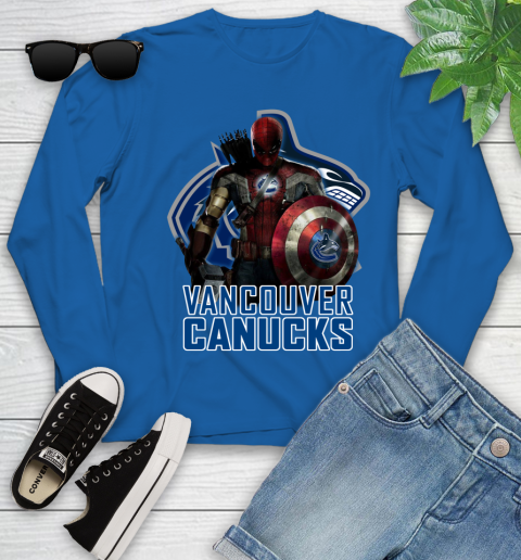 NHL Captain America Thor Spider Man Hawkeye Avengers Endgame Hockey Vancouver Canucks Youth Long Sleeve 9
