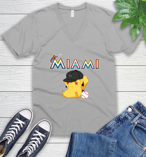 MLB Pikachu Baseball Sports Miami Marlins V-Neck T-Shirt 4