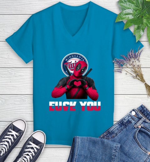 MLB Minnesota Twins Deadpool Love You Fuck You Baseball Sports Women's V-Neck T-Shirt 7