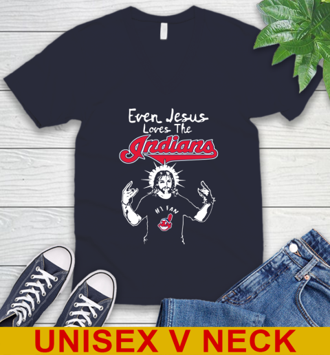 Cleveland Indians MLB Baseball Even Jesus Loves The Indians Shirt V-Neck T-Shirt 2