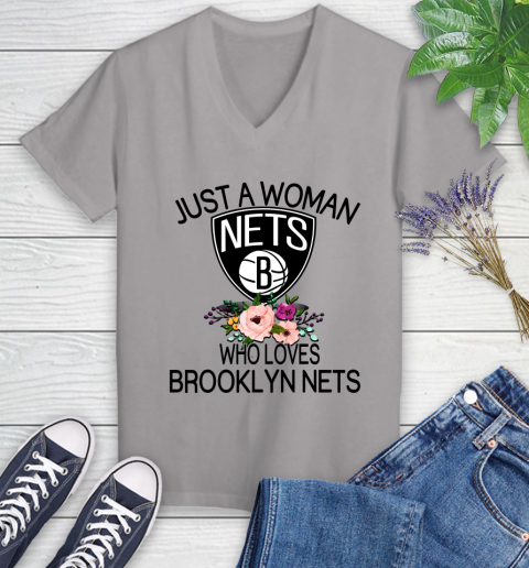 NBA Just A Woman Who Loves Brooklyn Nets Basketball Sports Women's V-Neck T-Shirt 2